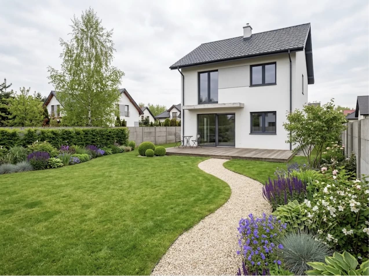 The same plot as a finished garden: a timber deck, a lawn, a gravel path, borders along the fences.