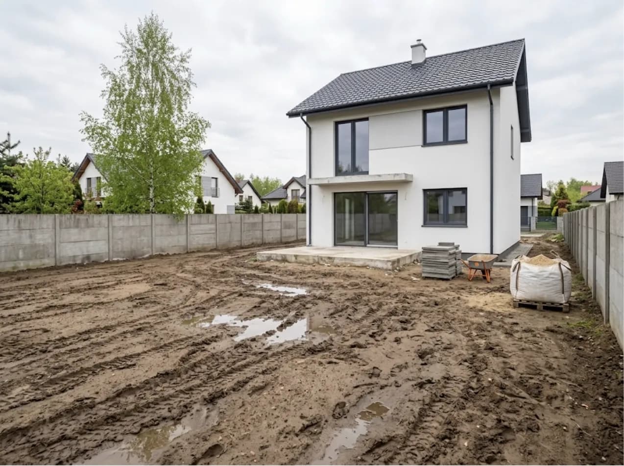 An example plot after the house was built: levelled soil, tyre tracks, paving slabs by the terrace.